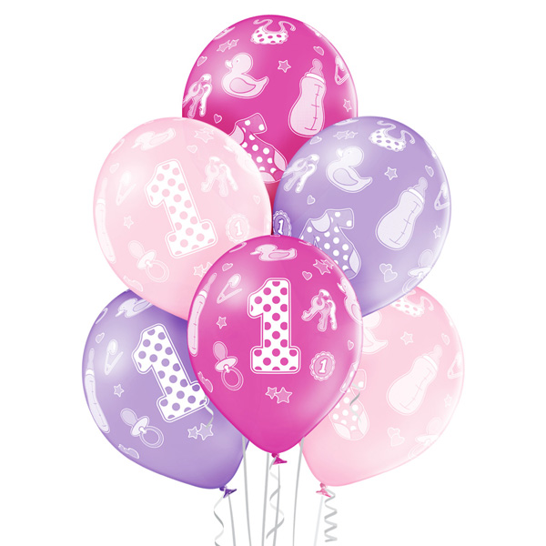 Zestaw balonów na 1 urodziny dziewczynki - 6 szt.